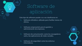 Software de
aplicación
Este tipo de software puede a su vez clasificarse en:
1. Software ofimático: utilizado para facilitar tareas de
oficina.
2. Software empresarial: para la gestión y
administración de empresas.
3. Software de comunicación: como los navegadores
web y las aplicaciones de redes sociales.
4. Software de seguridad: como los antivirus
informáticos.
 
