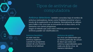 Tipos de antivirus de
computadora
Antivirus detectores: también conocidos bajo el nombre de
antivirus rastreadores, tienen como finalidad encontrar virus a
través de la exploración en el sistema. Normalmente se utilizan
para hallar a los virus que se encuentre en el disco duro, en la
memoria o en ciertos programas.
Según el método que usan estos antivirus para examinar los
archivos pueden ser clasificados en:
Antivirus heurístico:
en este caso los
antivirus exploran
cuando los programas
actúan de una manera
distinta a la habitual.
Antivirus de patrón:
los virus son detectados por
su forma particular de actuar.
Es decir que estos son
antivirus especializados para
cada uno de los virus de
manera individual.
 