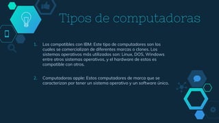 Tipos de computadoras
1. Los compatibles con IBM: Este tipo de computadores son los
cuales se comercializan de diferentes marcas o clones. Los
sistemas operativos más utilizados son: Linux, DOS, Windows
entre otros sistemas operativos, y el hardware de estos es
compatible con otros.
2. Computadoras apple: Estos computadores de marca que se
caracterizan por tener un sistema operativo y un software único.
 