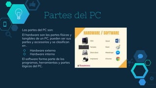 Partes del PC
Las partes del PC son:
El hardware son las partes físicas y
tangibles de un PC, pueden ser sus
partes y accesorios y se clasifican
en .
◇ Hardware externo
◇ Hardware interno
El software forma parte de los
programas, herramientas y partes
lógicas del PC.
 