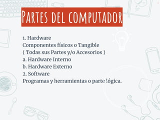 Partes del computador
1. Hardware
Componentes físicos o Tangible
( Todas sus Partes y/o Accesorios )
a. Hardware Interno
b. Hardware Externo
2. Software
Programas y herramientas o parte lógica.
8
 