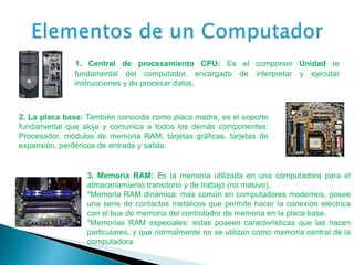 1. Central de procesamiento CPU: Es el componen Unidad te
fundamental del computador, encargado de interpretar y ejecutar
instrucciones y de procesar datos.
2. La placa base: También conocida como placa madre, es el soporte
fundamental que aloja y comunica a todos los demás componentes:
Procesador, módulos de memoria RAM, tarjetas gráficas, tarjetas de
expansión, periféricos de entrada y salida.
3. Memoria RAM: Es la memoria utilizada en una computadora para el
almacenamiento transitorio y de trabajo (no masivo).
*Memoria RAM dinámica: mas común en computadores modernos, posee
una serie de contactos metálicos que permite hacer la conexión eléctrica
con el bus de memoria del controlador de memoria en la placa base.
*Memorias RAM especiales: estas poseen características que las hacen
particulares, y que normalmente no se utilizan como memoria central de la
computadora.
 