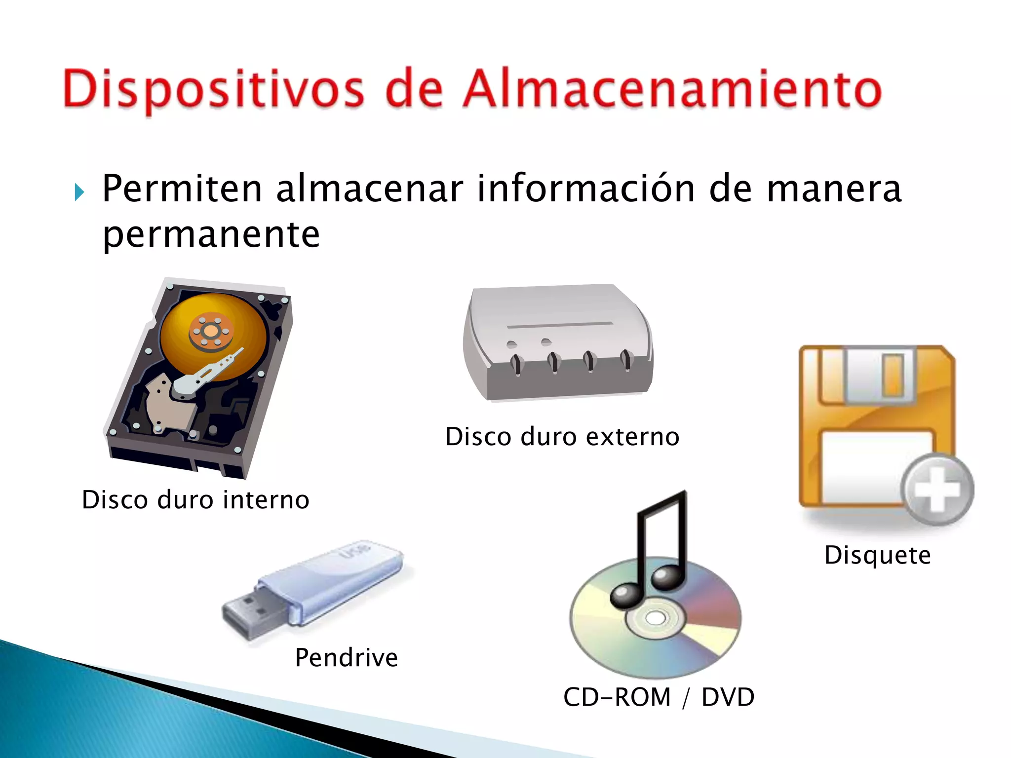 Permiten almacenar información de manera permanenteDispositivos de AlmacenamientoDisco duro externoDisco duro internoDisquetePendriveCD-ROM / DVD