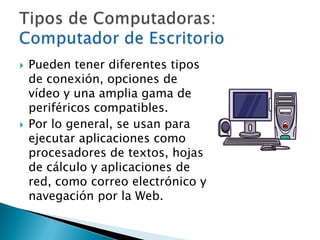 Pueden tener diferentes tipos de conexión, opciones de vídeo y una amplia gama de periféricos compatibles.Por lo general, se usan para ejecutar aplicaciones como procesadores de textos, hojas de cálculo y aplicaciones de red, como correo electrónico y navegación por la Web.Tipos de Computadoras: Computador de Escritorio