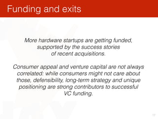 17
More hardware startups are getting funded,
supported by the success stories 
of recent acquisitions.
Consumer appeal an...