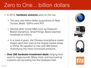 18
• In 2014, hardware unicorns were on the rise.
• The year saw billion-dollar acquisitions of Nest,
Oculus, Beats. GoPro...