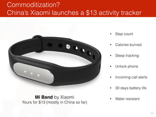 Evolution of trackers:
Toward fashionable or invisible devices
54
Up
by Jawbone
FuelBand
by Nike
Activité
by Withings
Shin...
