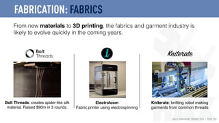HAX | HARDWARE TRENDS 2016 | PAGE 103
From new materials to 3D printing, the fabrics and garment industry is
likely to evolve quickly in the coming years.
Bolt Threads: creates spider-like silk
material. Raised $90m in 3 rounds.
Electroloom
Fabric printer using electrospinning
Kniterate: knitting robot making
garments from common threads
Kniterate
FABRICATION: FABRICS
 