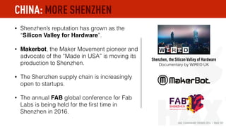 HAX | HARDWARE TRENDS 2016 | PAGE 107
• Shenzhen’s reputation has grown as the
“Silicon Valley for Hardware”.
• Makerbot, the Maker Movement pioneer and
advocate of the “Made in USA” is moving its
production to Shenzhen.
• The Shenzhen supply chain is increasingly
open to startups.
• The annual FAB global conference for Fab
Labs is being held for the ﬁrst time in
Shenzhen in 2016.
Shenzhen, the Silicon Valley of Hardware
Documentary by WIRED UK
CHINA: MORE SHENZHEN
 
