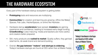 HAX | HARDWARE TRENDS 2016 | PAGE 11
Every part of the hardware startup ecosystem is getting better.
• Prototyping tools and resources are multiplying.
• Communities for creation and learning are growing: ofﬂine like Maker
Spaces, Fab Labs, HackerSpaces, or online like Hackster.
• Hardware startup accelerators have spread, investors are gaining
experience and conﬁdence, leading to increased early stage funding.
Crowdfunding is also maturing: media and backers are more careful,
and creators better prepared.
• Still, many products are rushed to market. Quality suffers, they get bad
retail terms, do weak brand and demand building.
• Overall, the gap between “makers” and startups is widening.
Today’s hardware startups are found at CES rather than at Maker Faires.
Today’s hardware startups
are found at CES rather
than at Maker Faires.
THE HARDWARE ECOSYSTEM
 