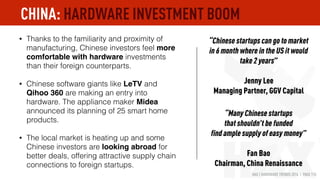 HAX | HARDWARE TRENDS 2016 | PAGE 115
COMPANY PRODUCT FUNDING
Codoon Fitness bands $91m
Niu Smart e-scooter $80m
Mobvoi AI-based smart watches $75m
Yuneec Drones $60m
Ehang Drones $52m
uSens AR/VR controller $26.7m
Picooc Smart scales $21m
Xgimi Smart projector $16.2m
AI Nemo Companion robot $10m
TheONE Smart piano $10m
CHINA: NOTABLE INVESTMENTS
 