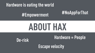 HAX | HARDWARE TRENDS 2016 | PAGE 118
ABOUT HAX
Escape velocity
Hardware = People
Hardware is eating the world
#NoAppForThat
De-risk
#Empowerment
 