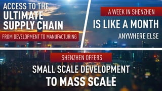 HAX | HARDWARE TRENDS 2016 | PAGE 124
SMALL SCALE DEVELOPMENT
A WEEK IN SHENZHEN
IS LIKE A MONTH
ANYWHERE ELSE
TO MASS SCALE
SHENZHEN OFFERS
ACCESS TO THE  
ULTIMATE
SUPPLY CHAIN
FROM DEVELOPMENT TO MANUFACTURING
 
