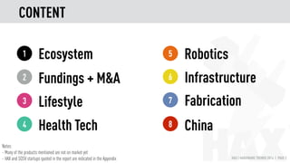 HAX | HARDWARE TRENDS 2016 | PAGE 2
Ecosystem1
Lifestyle3
Health Tech4
Robotics5
Infrastructure6
Fabrication7
China8
2 Fundings + M&A
CONTENT
Notes:
- Many of the products mentioned are not on market yet
- HAX and SOSV startups quoted in the report are indicated in the Appendix
 