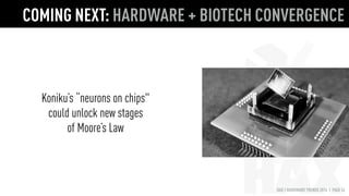 HAX | HARDWARE TRENDS 2016 | PAGE 24
COMPANY PRODUCT FUNDING
1 Magic Leap AR/MR $1.42b
2 Jawbone Speakers, wearables $890.8m
3 Sigfox IoT network $151.3m
4 3D Robotics Drones $126m
5 Carbon 3D printing $141m
6 Ring Smart doorbell $100m
7 Codoon Fitness bands $91m
8 Bolt Threads Fabric printing $90m
9 Eero Home wiﬁ $90m
10 Sphero Robot toys $90m
11 Niu Smart e-scooter $80m
12 Mobvoi AI-based smart watches $75m
13 Yuneec Drones $60m
14 Jibo Social robots $52.3m
15 Ehang Drones $52m
16 Roli Music keyboards $43.5m
17 Hello Sleep tracker $40.5m
18 Devialet Speakers $39.1m
19 Netatmo Connected devices $38.67m
20 Parrot Drones $35.21m
NOTABLE INVESTMENTS IN 2015-16
While the most funded startups
are mostly US-based,
large rounds went to several
French and Chinese startups.
Drone startups made
a strong showing.
 