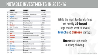 HAX | HARDWARE TRENDS 2016 | PAGE 26
MNCs from
traditional industries
are now buying
hardware companies.
NOTABLE ACQUISITIONS
BUYER TARGET PRICE
General Motors cars Cruise self-driving tech $1b
Fossil watches Misﬁt wearables $260m
Nokia telecom Withings smart health $191m
Mars pet food Whistle pet activity tracker $117
Mattel toys Fuhu tablets for kids $21.5
Mattel toys Sproutling baby health tracker n.a.
Midea appliances Kuka industrial robots $5b for 30%
 