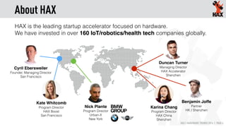 HAX | HARDWARE TRENDS 2016 | PAGE 4
Benjamin Joffe
Partner
HK / Shenzhen
Karina Chang
Program Director
HAX China
Shenzhen
About HAX
Nick Plante
Program Director
Urban-X
New York
Duncan Turner
Managing Director
HAX Accelerator
Shenzhen
Kate Whitcomb
Program Director
HAX Boost
San Francisco
Cyril Ebersweiler
Founder, Managing Director
San Francisco
HAX is the leading startup accelerator focused on hardware.
We have invested in over 160 IoT/robotics/health tech companies globally.
with
 
