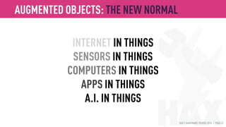 HAX | HARDWARE TRENDS 2016 | PAGE 47
• A range of micro-controllers, prototyping boards and micro-computers with
various capabilities are available to build projects and deploy devices.
• The $10 barrier was broken by NextThing’s C.H.I.P.’s $9 computer and
Raspberry Pi’s $5 Pi Zero. Is the future free or disposable computing?
AUGMENTED OBJECTS: MICROCOMPUTERS
 
