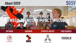 About SOSV
THE ACCELERATOR VC 
#MEGA-TRENDS #IMPACT #GLOBAL
SYNTHETIC BIOLOGYSOFTWARE HARDWARE FOOD BUSINESS
 