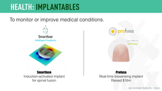 HAX | HARDWARE TRENDS 2016 | PAGE 69
HEALTH: TOWARD PRECISION INSURANCE
Insurance companies are expected to play a key role in the
spread of health tech devices and usage.
The beneﬁts for them range from:
• Improved user behavior
• Positive ﬁltering
• Better data
This is expected to enable “precision insurance”
 