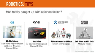 HAX | HARDWARE TRENDS 2016 | PAGE 82
Leaders
The market is split between toys, consumer and professional service
drones. Many of the top consumer drone companies are Chinese.
Notable Challengers
Passenger drone concept
Hovering camera drone
ROBOTICS: DRONES
 