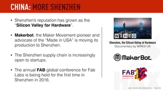 HAX | HARDWARE TRENDS 2016 | PAGE 107
• Shenzhen’s reputation has grown as the
“Silicon Valley for Hardware”.
• Makerbot, ...