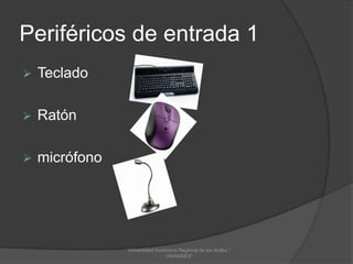 Periféricos de entrada 1


Teclado



Ratón



micrófono

Universidad Autónoma Regional de los Andes "
UNIANDES"

 