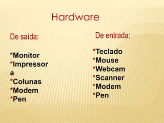 Hardware
De saída:
*Monitor
*Impressor
a
*Colunas
*Modem
*Pen
De entrada:
*Teclado
*Mouse
*Webcam
*Scanner
*Modem
*Pen
 