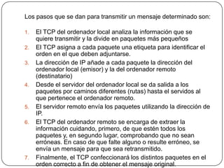Los pasos que se dan para transmitir un mensaje determinado son:El TCP del ordenador local analiza la información que se quiere transmitir y la divide en paquetes más pequeñosEl TCP asigna a cada paquete una etiqueta para identificar el orden en el que deben adjuntarse.La dirección de IP añade a cada paquete la dirección del ordenador local (emisor) y la del ordenador remoto (destinatario)Desde el servidor del ordenador local se da salida a los paquetes por caminos diferentes (rutas) hasta el servidos al que pertenece el ordenador remoto.El servidor remoto envía los paquetes utilizando la dirección de IP.El TCP del ordenador remoto se encarga de extraer la información cuidando, primero, de que estén todos los paquetes y, en segundo lugar, comprobando que no sean erróneas. En caso de que falte alguno o resulte erróneo, se envía un mensaje para que sea retransmitido.Finalmente, el TCP confeccionará los distintos paquetes en el orden correcto a fin de obtener el mensaje original.