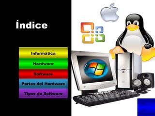 Índice Informática Hardware Software Partes del Hardware Tipos de Software 