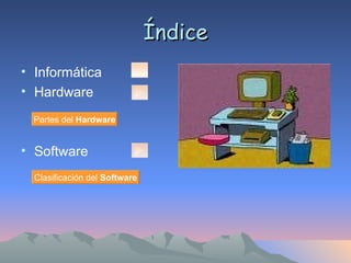 Índice ,[object Object],[object Object],[object Object],Partes del  Hardware Clasificación del  Software 