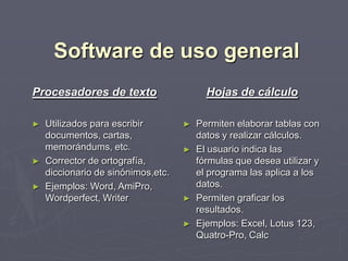 Software de uso general
Procesadores de texto                     Hojas de cálculo

►   Utilizados para escribir        ►   Permiten elaborar tablas con
    documentos, cartas,                 datos y realizar cálculos.
    memorándums, etc.               ►   El usuario indica las
►   Corrector de ortografía,            fórmulas que desea utilizar y
    diccionario de sinónimos,etc.       el programa las aplica a los
►   Ejemplos: Word, AmiPro,             datos.
    Wordperfect, Writer             ►   Permiten graficar los
                                        resultados.
                                    ►   Ejemplos: Excel, Lotus 123,
                                        Quatro-Pro, Calc
 