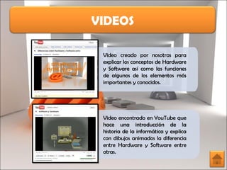VIDEOS Video creado por nosotras para explicar los conceptos de Hardware y Software así como las funciones de algunos de los elementos más importantes y conocidos. Video encontrado en YouTube que hace una introducción de la historia de la informática y explica con dibujos animados la diferencia entre Hardware y Software entre otras. 