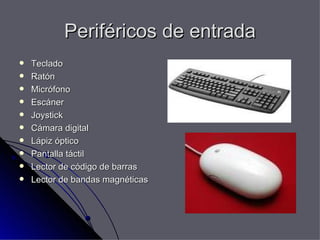 Periféricos de entrada Teclado Ratón Micrófono Escáner Joystick Cámara digital Lápiz óptico Pantalla táctil Lector de código de barras Lector de bandas magnéticas 