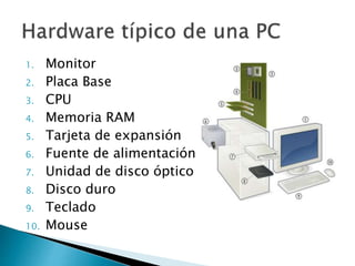 1. Monitor 
2. Placa Base 
3. CPU 
4. Memoria RAM 
5. Tarjeta de expansión 
6. Fuente de alimentación 
7. Unidad de disco óptico 
8. Disco duro 
9. Teclado 
10. Mouse 
 