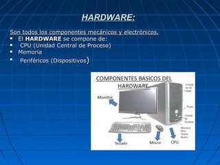 HARDWARE:HARDWARE:
Son todos los componentes mecánicos y electrónicos.Son todos los componentes mecánicos y electrónicos.
 ElEl HARDWAREHARDWARE se compone de:se compone de:
 CPU (Unidad Central de Proceso)CPU (Unidad Central de Proceso)
 MemoriaMemoria

Periféricos (DispositivosPeriféricos (Dispositivos))
 