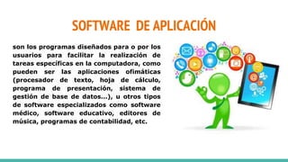 SOFTWARE DE APLICACIÓN
son los programas diseñados para o por los
usuarios para facilitar la realización de
tareas específicas en la computadora, como
pueden ser las aplicaciones ofimáticas
(procesador de texto, hoja de cálculo,
programa de presentación, sistema de
gestión de base de datos...), u otros tipos
de software especializados como software
médico, software educativo, editores de
música, programas de contabilidad, etc.
 
