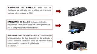 HARDWARE DE ENTRADA: este tipo de
hardware es utilizado con el objeto de introducir
datos e información a la CPU.
HARDWARE DE SALIDA: incluye a todos los
dispositivos capaces de dirigir los datos generados
por la computadora hacia el exterior.
HARDWARE DE ENTRADA/SALIDA: combinan las
funcionalidades de los dispositivos de entrada y
salida. tienen la capacidad tanto de introducir datos
e información, como de dirigirla hacia
el exterior.
 