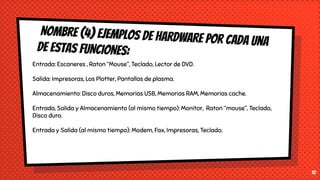 Nombre (4) ejemplos de HARDWARE por cada unade estas FUNCIONES:
10
Entrada: Escaneres , Raton “Mouse”, Teclado, Lector de DVD.
Salida: Impresoras, Los Plotter, Pantallas de plasma.
Almacenamiento: Disco duros, Memorias USB, Memorias RAM, Memorias cache.
Entrada, Salida y Almacenamiento (al mismo tiempo): Monitor, Raton “mouse”, Teclado,
Disco duro.
Entrada y Salida (al mismo tiempo): Modem, Fax, Impresoras, Teclado.
 