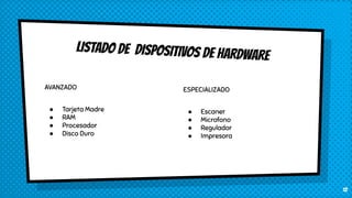 LISTADO DE DISPOSITIVOS DE HARDWARE
AVANZADO
● Tarjeta Madre
● RAM
● Procesador
● Disco Duro
ESPECIALIZADO
● Escaner
● Microfono
● Regulador
● Impresora
12
 