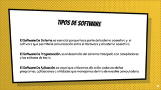 TIPOS DE SOFTWARE
15
El Software De Sistema, es esencial porque hace parte del sistema operativo y el
software que permite la comunicación entre el Hardware y el sistema operativo.
El Software De Programación, es el desarrollo del sistema trabajado con compiladores
y los editores de texto.
El Software De Aplicación, es aquel que utilizamos día a día, cada uno de los
programas, aplicaciones o utilidades que manejamos dentro de nuestra computadora.
 