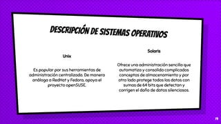 DESCRIPCIÓN DE SISTEMAS OPERATIVOS
19
Unix
Es popular por sus herramientas de
administración centralizada. De manera
análoga a RedHat y Fedora, apoya el
proyecto openSUSE.
Solaris
Ofrece una administración sencilla que
automatiza y consolida complicados
conceptos de almacenamiento y por
otro lado protege todos los datos con
sumas de 64 bits que detectan y
corrigen el daño de datos silenciosos.
 