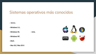 Sistemas operativos más conocidos
- D.O.S.:
- Windows 3.1.
- Windows 95. - Unix.
- Windows NT.
- OS/2.
- Mac OS / Mac OS X
 