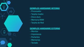 EJEMPLOS HARDWARE INTERNO
- Procesador
- Tarjeta madre
- Disco duro
- Memoria RAM
- Tarjeta de Red
EJEMPLOS HARDWARE EXTERNO
- Monitor
- Impresoras
- Parlantes
- Memorias
- Teclado
 