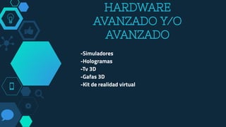 HARDWARE
AVANZADO Y/O
AVANZADO
-Simuladores
-Hologramas
-Tv 3D
-Gafas 3D
-Kit de realidad virtual
 