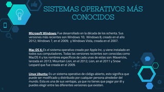 SISTEMAS OPERATIVOS MÁS
CONOCIDOS
Microsoft Windows: Fue desarrollado en la década de los ochenta. Sus
versiones más recientes son Windows 10; Windows 8, creado en el año
2012; Windows 7, en el 2009; y Windows Vista, creada en el 2007.
Mac OS X: Es el sistema operativo creado por Apple Inc. y viene instalado en
todos sus computadores. Todas las versiones recientes son conocidas como
MacOS X y los nombres específicos de cada unas de estas son: Mavericks,
lanzada en 2013; Mountain Lion, en el 2012; Lion, en el 2011 y Snow
Leopard que fue creada en el 2009.
Linux Ubuntu: Es un sistema operativo de código abierto, esto significa que
puede ser modificado y distribuido por cualquier persona alrededor del
mundo. Esta es una de sus ventajas, ya que no tienes que pagar por él y
puedes elegir entre las diferentes versiones que existen.
6
 