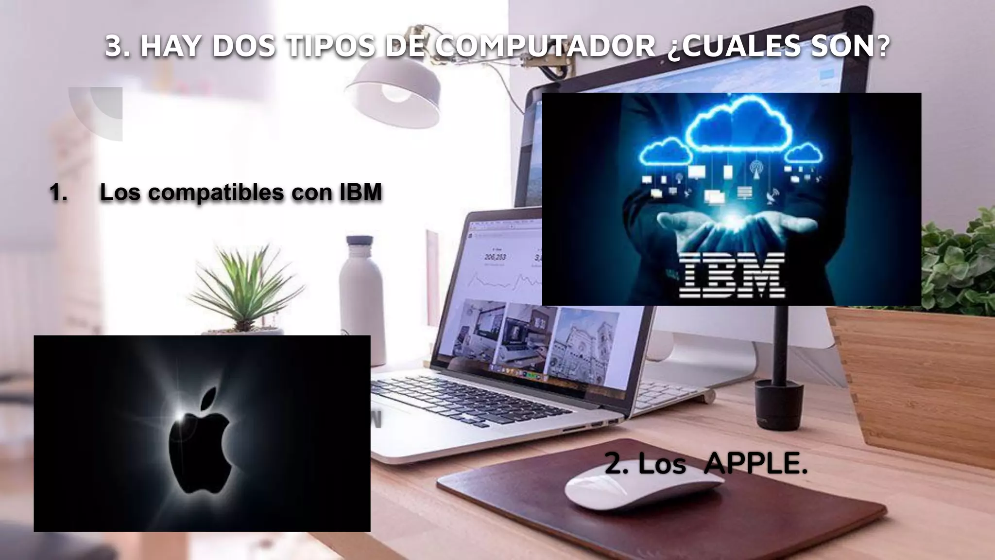 3. HAY DOS TIPOS DE COMPUTADOR ¿CUALES SON?
1. Los compatibles con IBM
2. Los APPLE.
 
