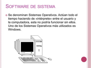 SOFTWARE DE SISTEMA
 Se denominan Sistemas Operativos. Actúan todo el
tiempo haciendo de «intérprete» entre el usuario y
la computadora, esta no podría funcionar sin ellos.
Uno de los Sistemas Operativos más utilizados es
Windows.
 