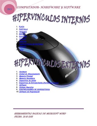 COMPUTADOR- HARDWARE Y SOFTWARE
TICS




        1. PLACA
        2. PANTALLA
        3. TECLADO
        4. MOUSE
        5. ESCÁNER
        6. CÁMARA
        7. WEBCAM
        8. DISPOSITIVOS DE ENTRADA
        9. CHIPSET
        10.   CPU




        1. Hardware
        2. Unidad de Almacenamiento
        3. Memoria Principal
        4. Memoria Secundaria
        5. Dispositivos de Salida
        6. Dispositivos de Entrada/Salida (Periféricos mixtos)
        7. Software
        8. Sistema Operativo
        9. CONTROLADORES DE DISPOSITIVOS
        10. Software de Programación




       HERRAMIENTAS BASICAS DE MICROSOFT WORD
       FECHA: 21-10-2011
 
