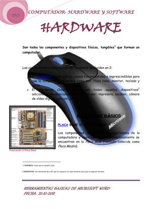 COMPUTADOR- HARDWARE Y SOFTWARE
 TICS



                                 HARDWARE
           Son todos los componentes y dispositivos físicos, tangibles1 que forman un
           computador.



           Los componentes y dispositivos del hardware se dividen en 2:

                      El Hardware Básico: son las piezas fundamentales e imprescindibles para
                      que la computadora funcione como son: Placa base, monitor, teclado y
                      ratón.
                      El Hardware Complementario: son todos aquellos dispositivos2
                      adicionales no esenciales como pueden ser: impresora, escáner, cámara
                      de vídeo digital, webcam, etc.




                                                                             HARDWARE BÁSICO
                                                      PLACA BASE O PLACA MADRE

                                                      Los componentes Hardware más importantes de la
                                                      computadora y esenciales para su funcionamiento se
                                                      encuentran en la Placa Base (también conocida como
                                                      Placa Madre).
Ilustración 2.Placa Base




           1 TANGIBLES: Cosas que se pueden tocar.


           2 DISPOSITIVO: Son elementos de la PC que se requieren en todo momento para que la maquina funcione.




            HERRAMIENTAS BASICAS DE MICROSOFT WORD
            FECHA: 21-10-2011
 
